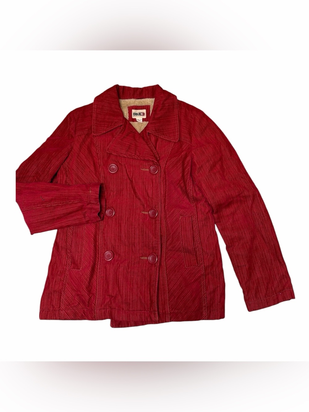 BKE Red Double-Breasted Corduroy Pea Coat Medium